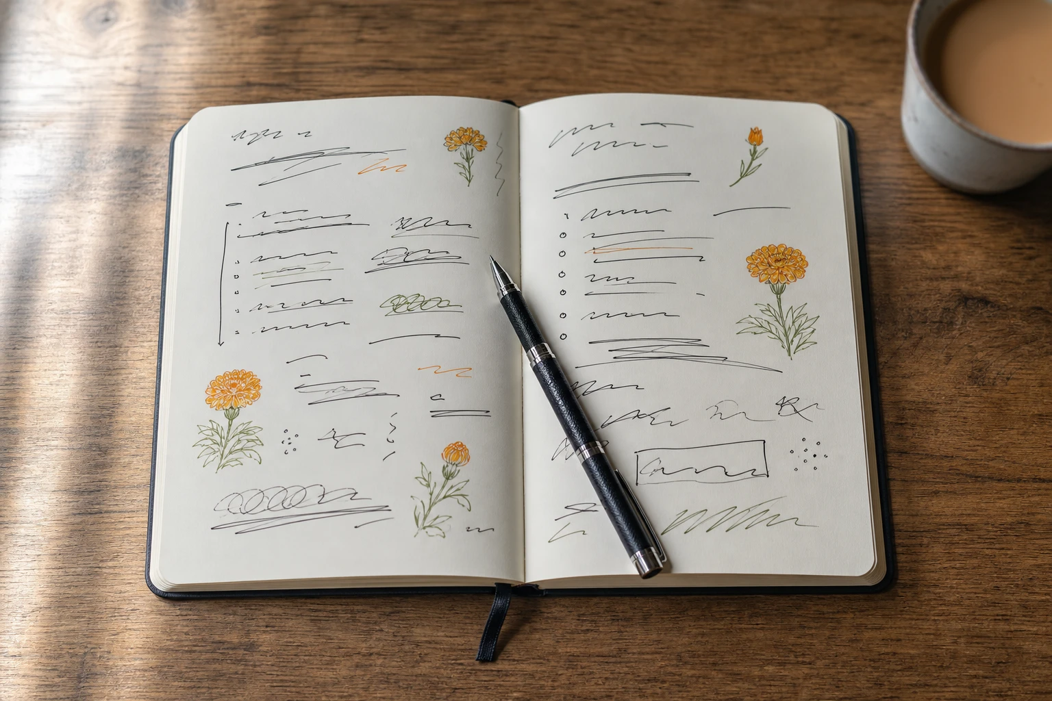 An open planning notebook on a table with a pen and a cup of chai.