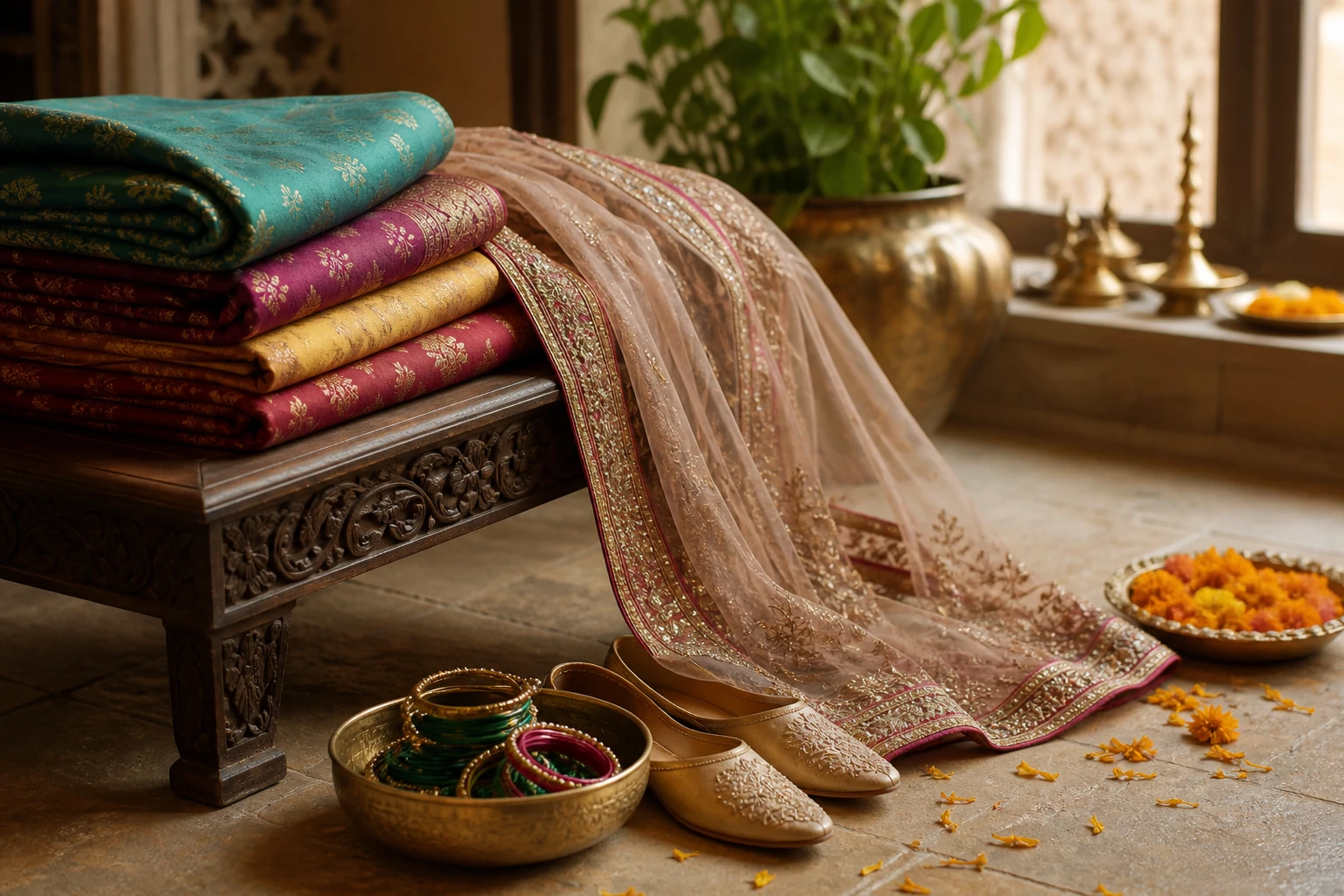 Folded wedding textiles, an embroidered dupatta, mojari and bangles arranged in a quiet dressing area.