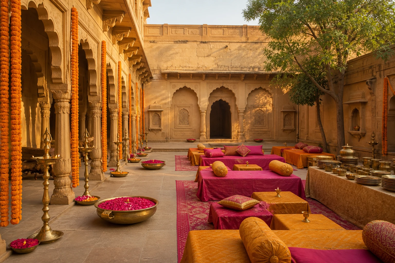 An empty sandstone wedding courtyard prepared with marigolds, silk seating and brass diyas.