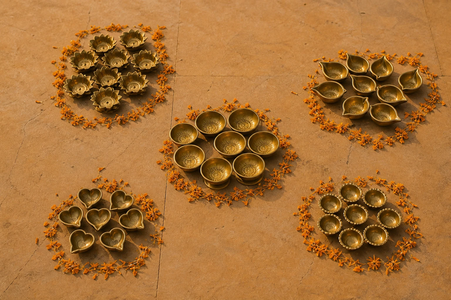 Small clusters of brass diyas separated by marigold petals on a sandstone floor.