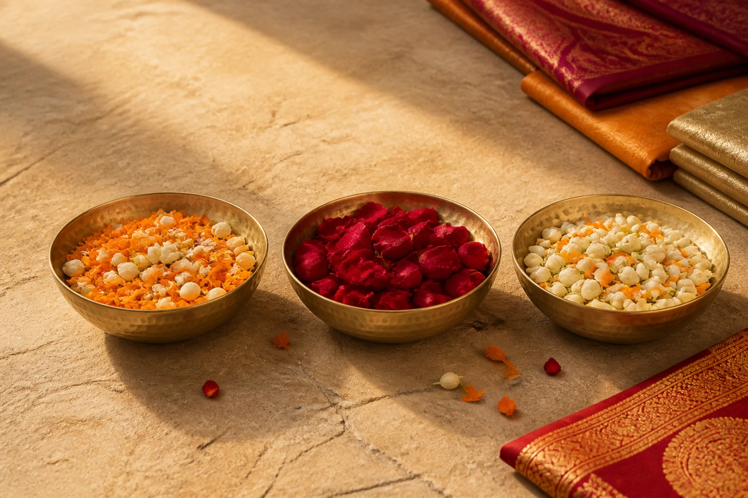 Three brass bowls holding marigold, jasmine and rose petals beside folded silk textiles.