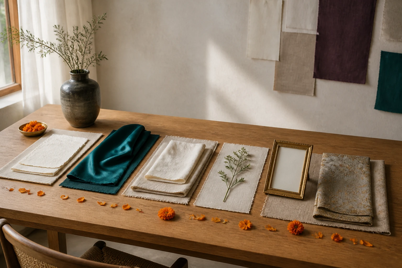 Six distinct paper, silk, linen, botanical and gold-accented wedding design arrangements on a studio table.