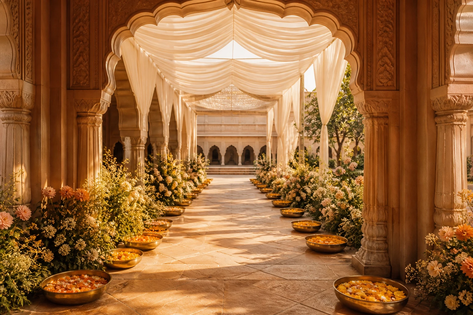 A marigold-lined walkway leading through a carved arch into an empty wedding venue.