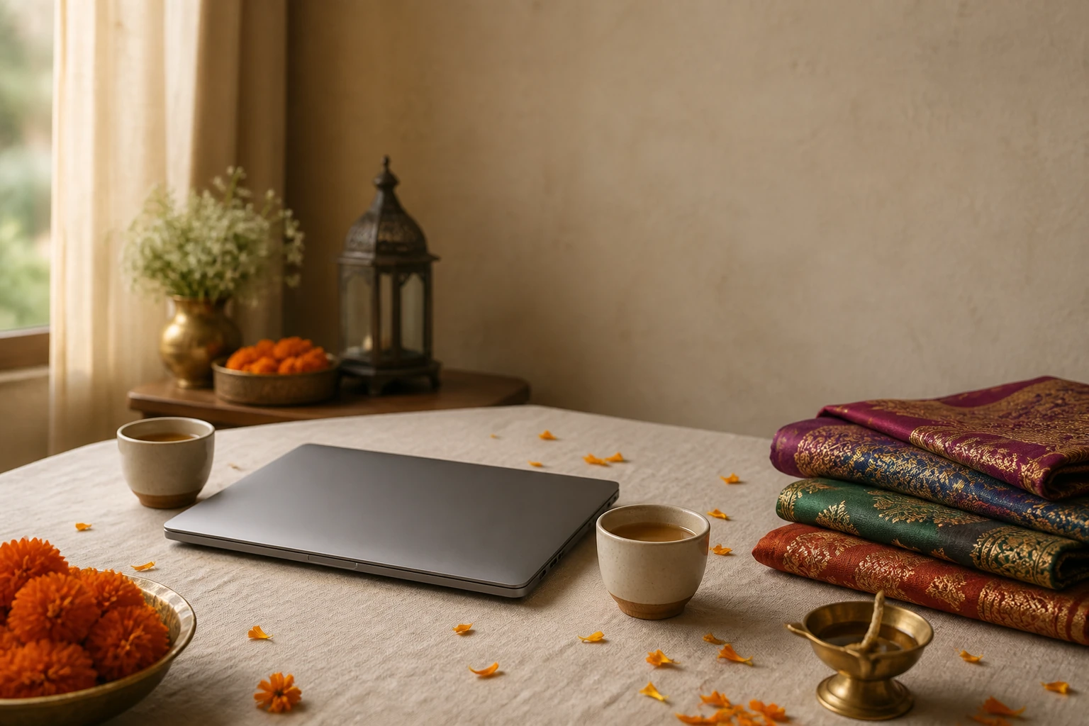 A quiet wedding-planning table with a closed laptop, two cups of chai, folded silk and marigold petals.