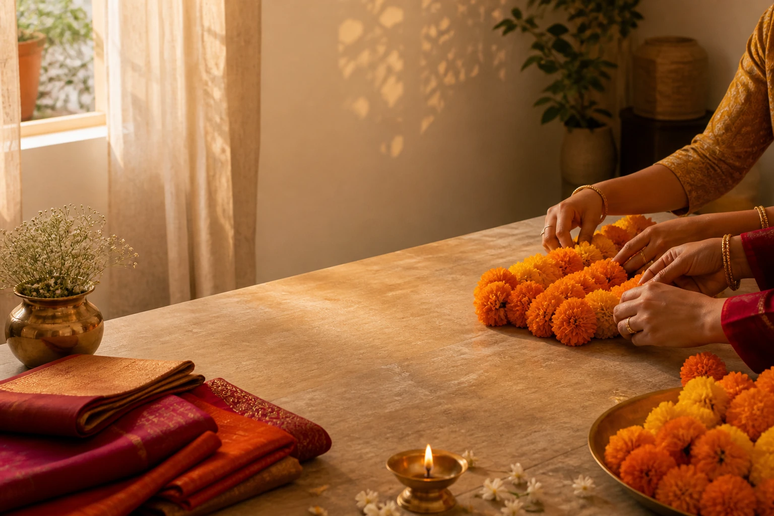 Two people arrange marigold garlands and folded silk at a quiet wedding-planning table.