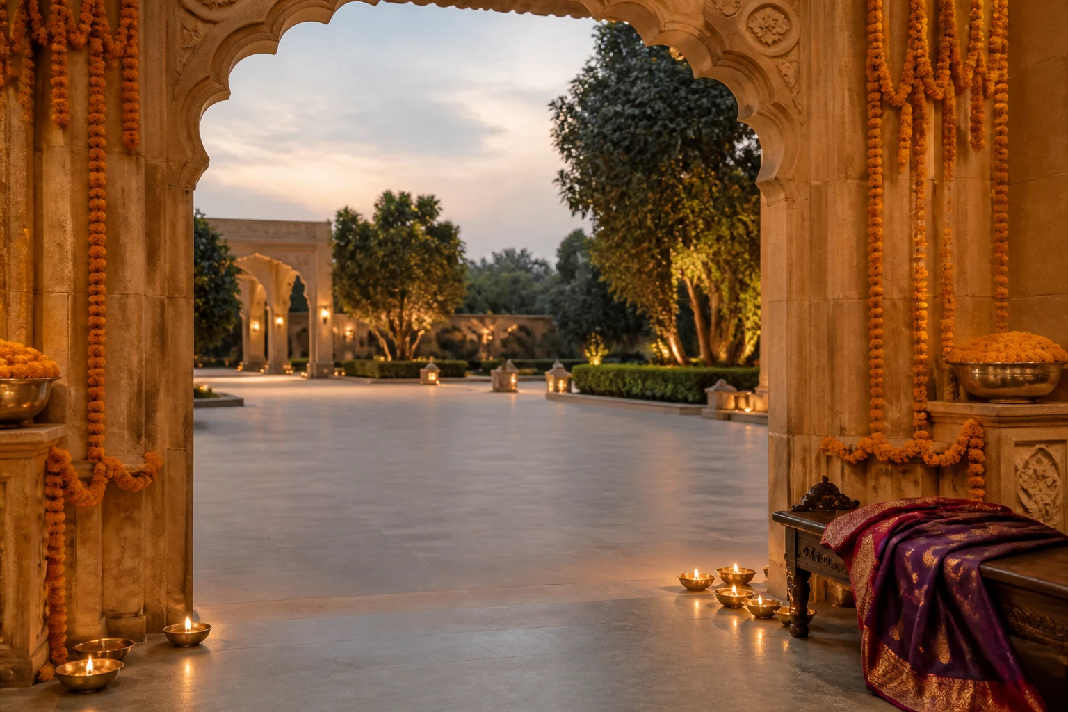 A marigold-draped sandstone entrance and folded silk at an empty wedding venue.