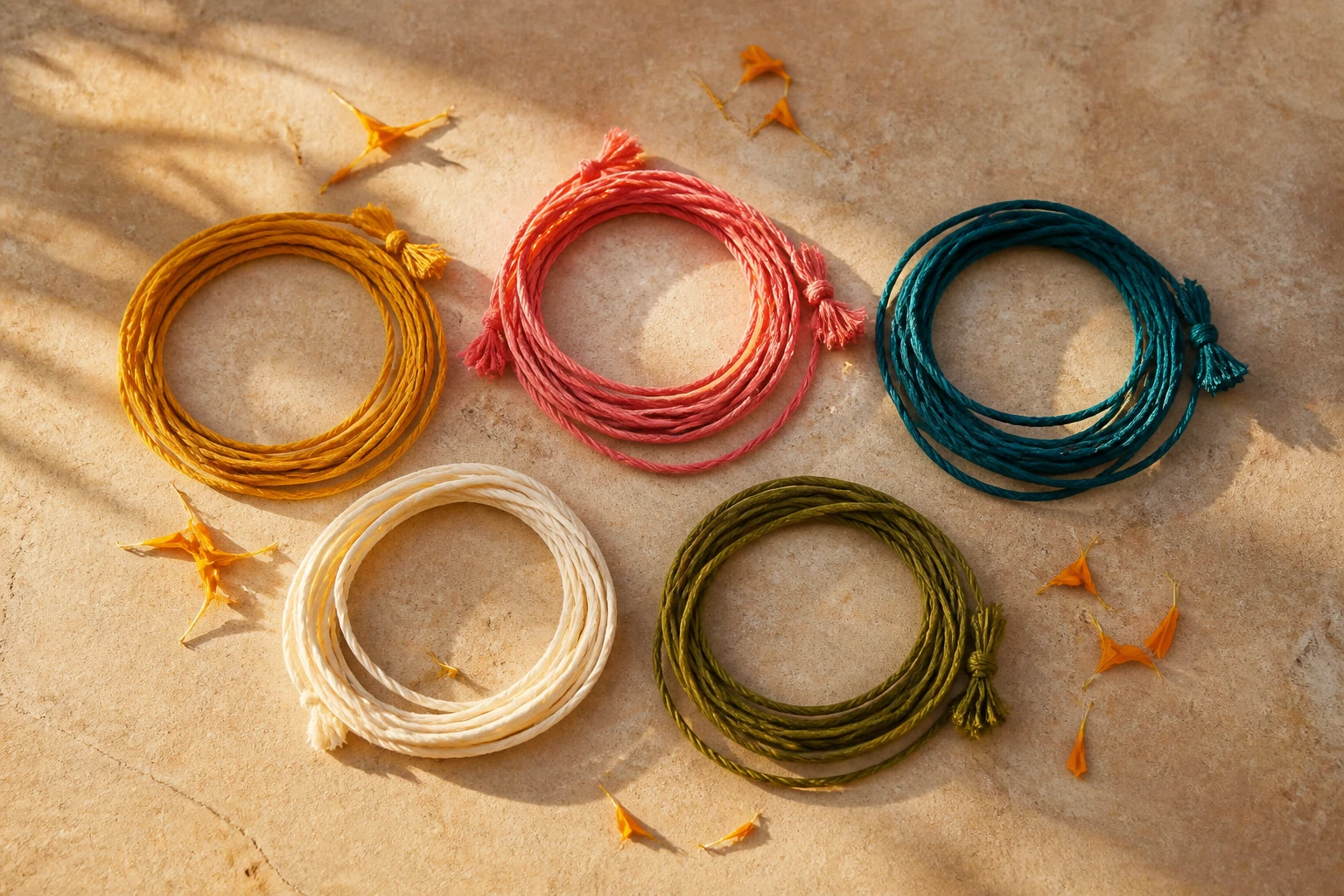 Five loops of colourful silk cord arranged with marigold petals on warm sandstone.