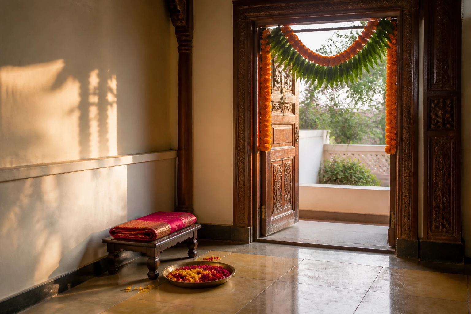 A garlanded doorway with a folded silk dupatta and a brass tray of petals.
