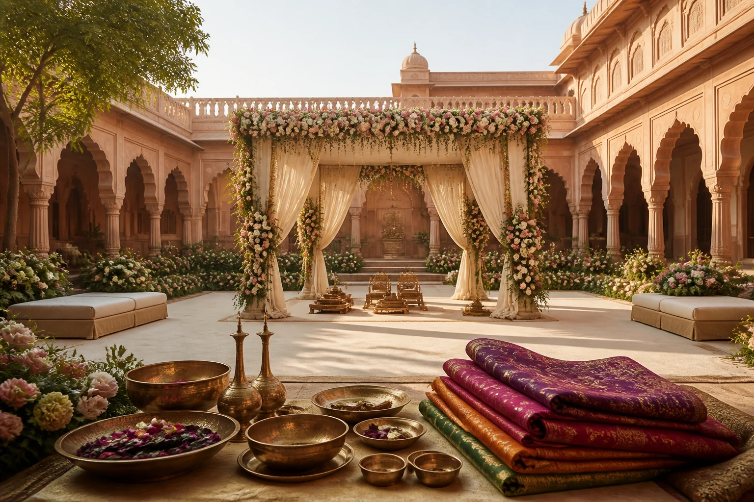 An empty Indian wedding venue during setup with a flower-lined mandap, brass tableware and folded textiles.