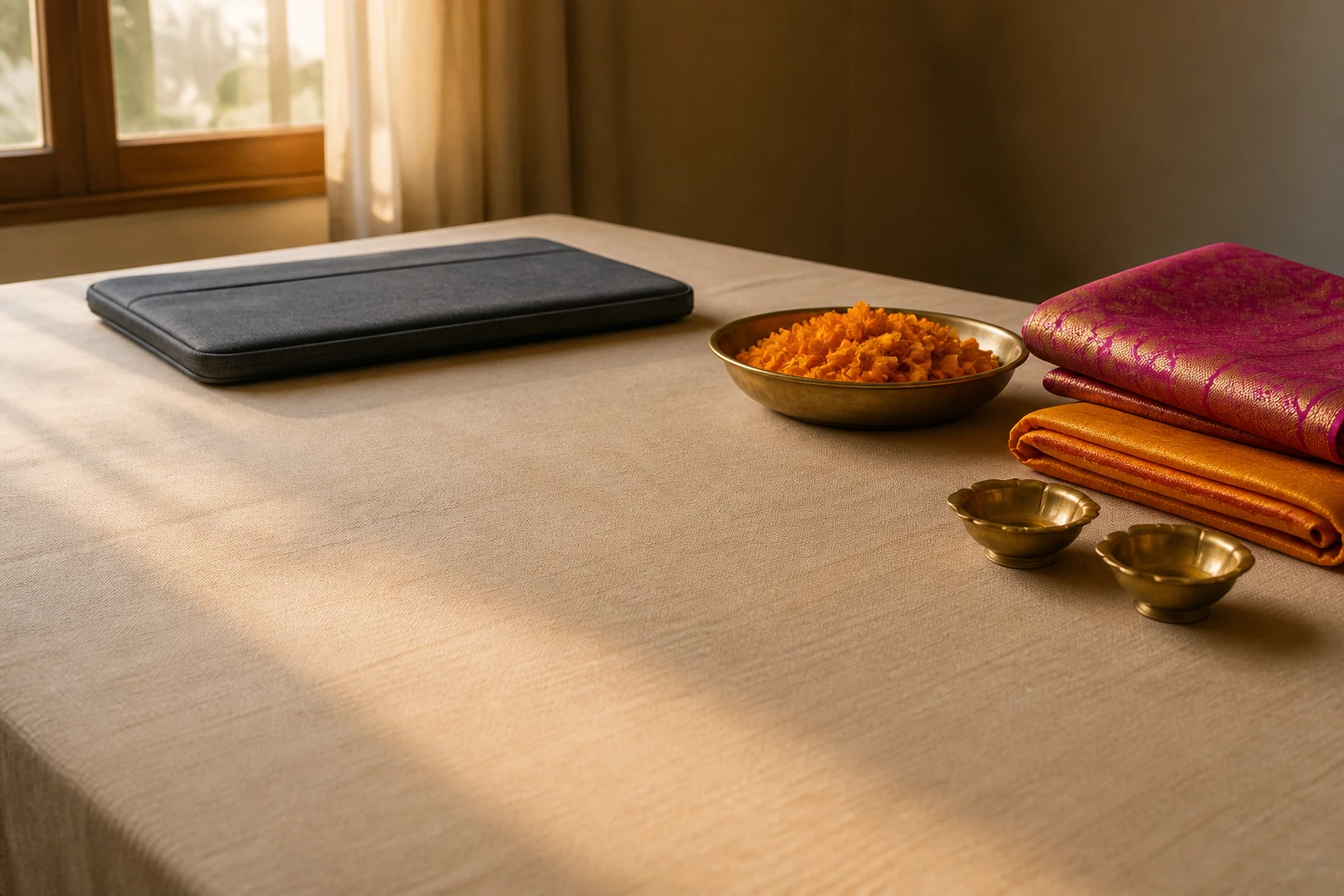 A home wedding-planning table with a laptop sleeve, silk textiles, marigold petals and brass diyas.