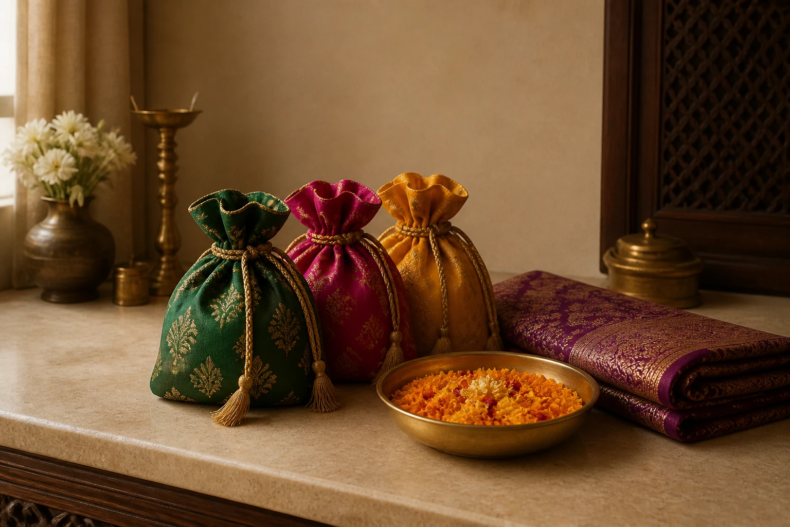 Silk gift potlis, marigold petals and a folded brocade textile on a home sideboard.