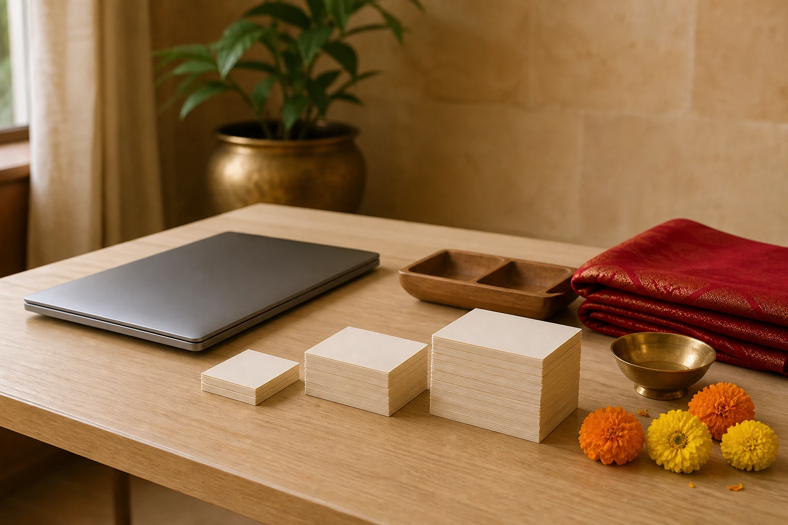 A wedding-planning desk with a closed laptop and three different-sized stacks of blank guest cards.