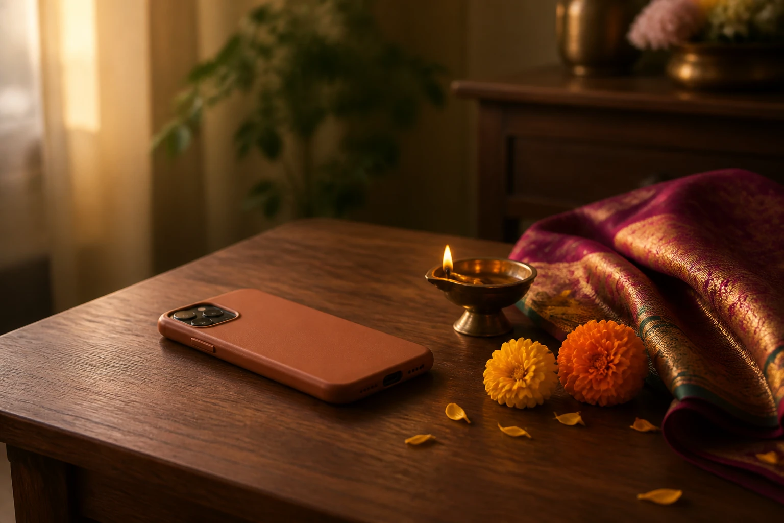 A face-down phone beside marigolds, a brass diya and folded silk on a wedding-planning table.