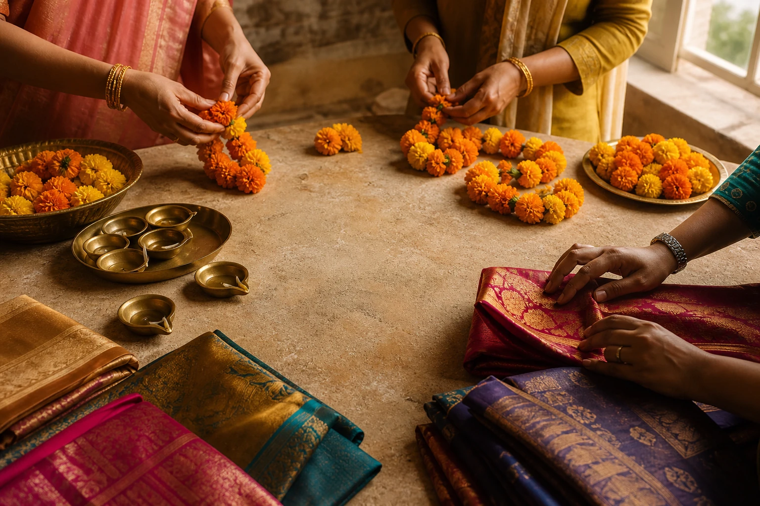 Family members arrange marigold garlands, brass diyas and folded silk for a wedding.