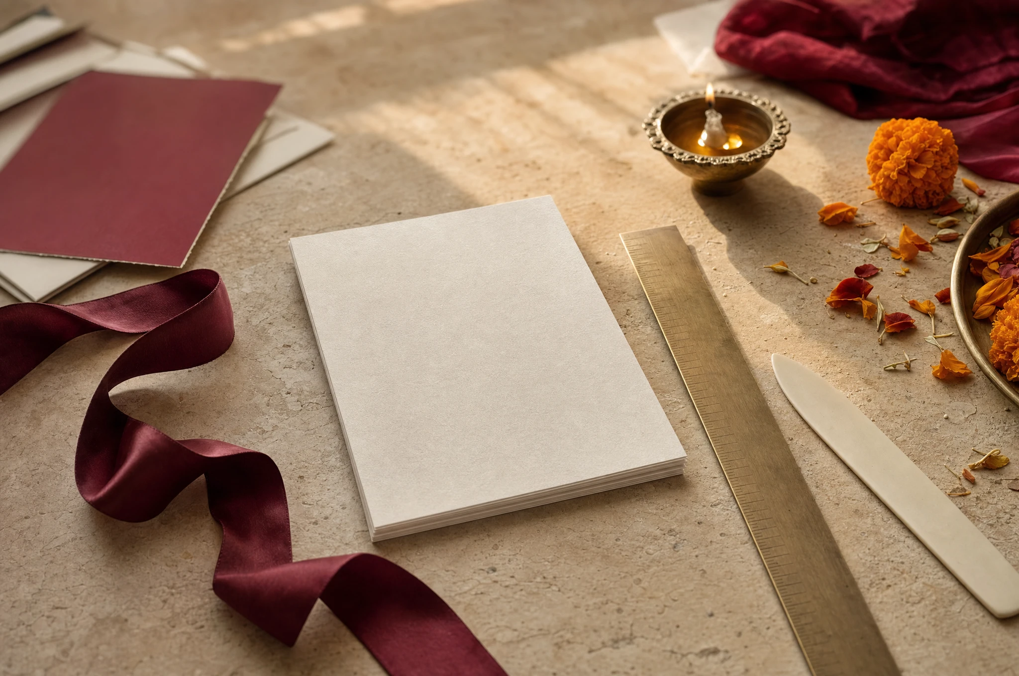 Wedding invitation materials with a face-down details card, silk ribbon, a brass ruler and marigold petals.