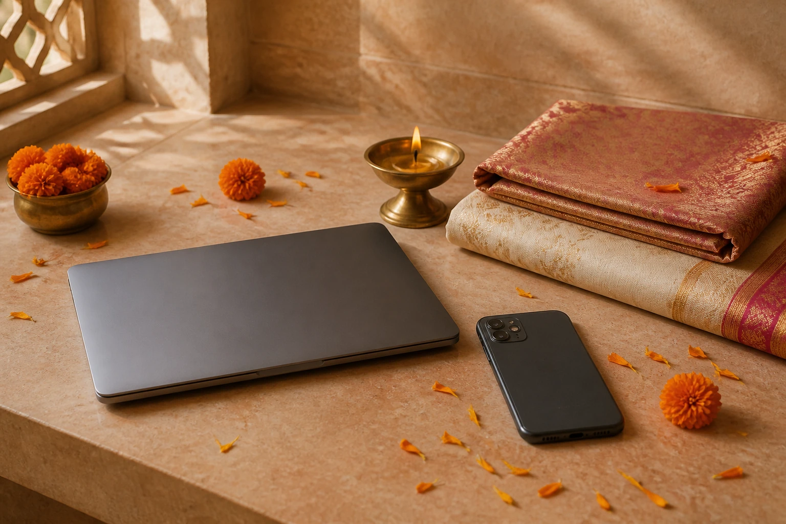A closed laptop and face-down phone beside folded silk, a brass diya and marigold petals on a wedding-planning table.