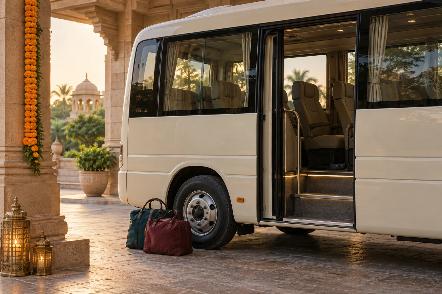 A cream wedding shuttle waiting beneath a marigold-trimmed hotel portico with luggage beside the open side door.