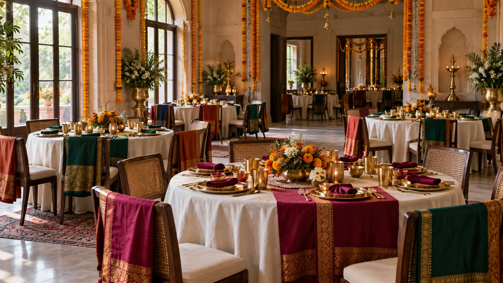 An empty wedding dining room with several round tables set beneath marigold garlands.