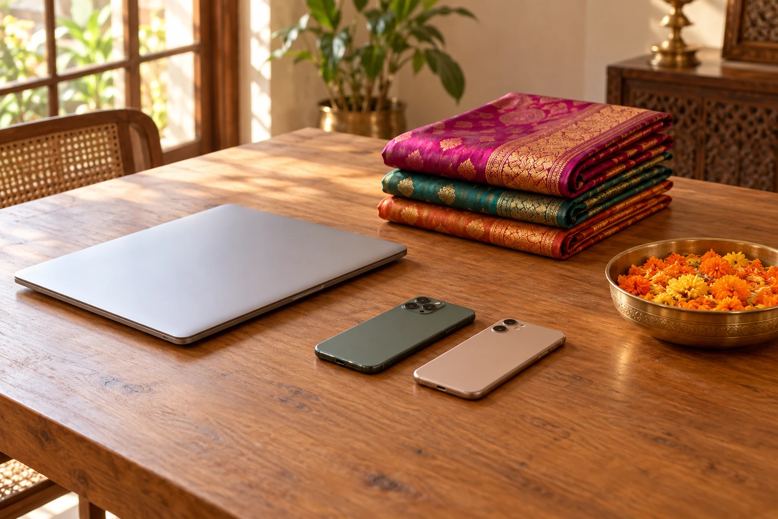 A quiet home wedding-planning table with a closed laptop, two face-down phones, folded silk and a brass bowl of marigold petals.