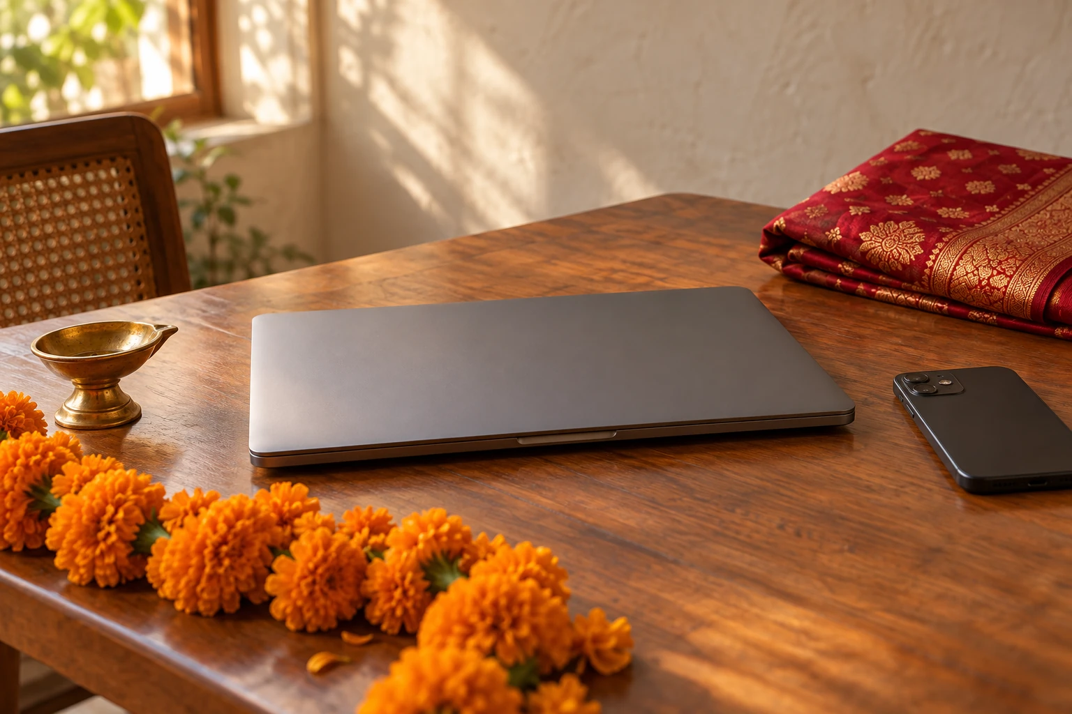 A closed laptop and face-down phone beside marigolds, a brass diya and folded red silk on a quiet table.
