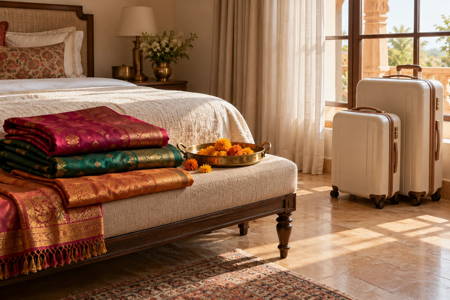 A quiet guest room with folded wedding textiles, two suitcases and marigold blossoms.