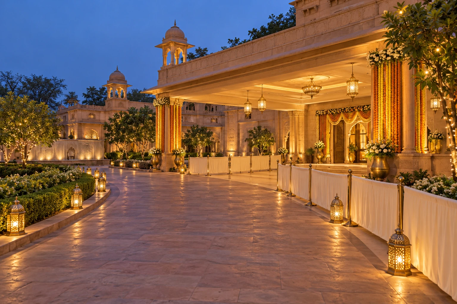 An empty sandstone driveway curves towards a marigold-decorated wedding venue entrance at dusk.