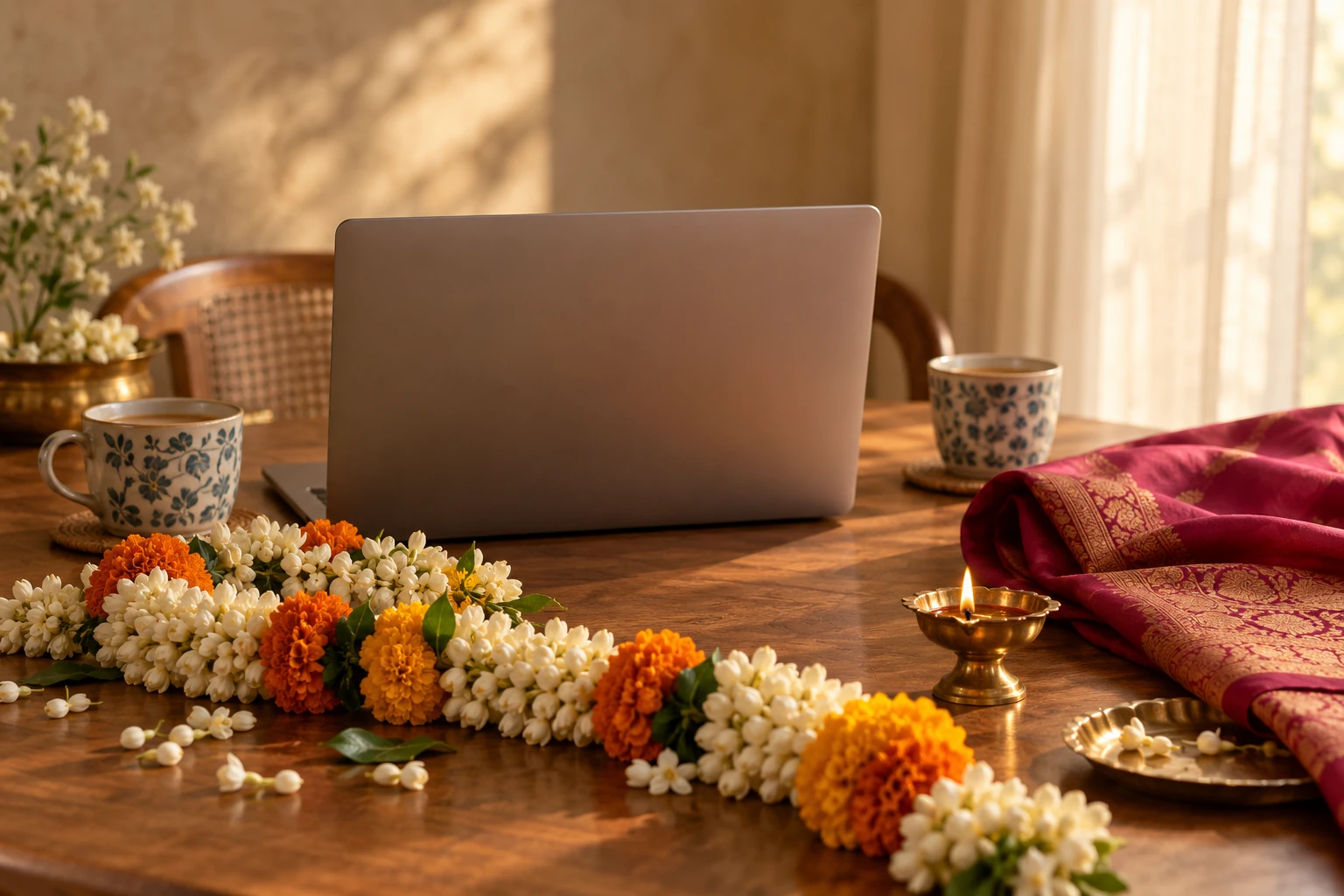 A closed laptop, wedding garland, brass diya and folded silk on a quiet home table.