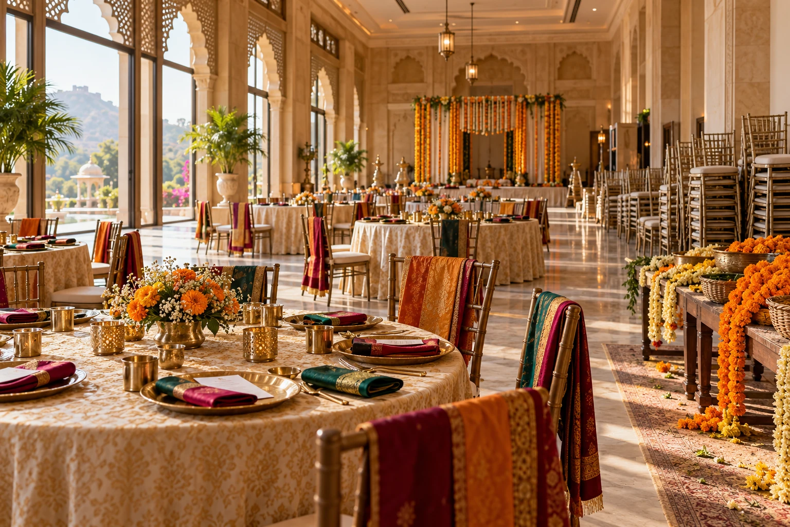 An empty Indian wedding banquet hall with partially laid tables and stacked chairs during morning setup.