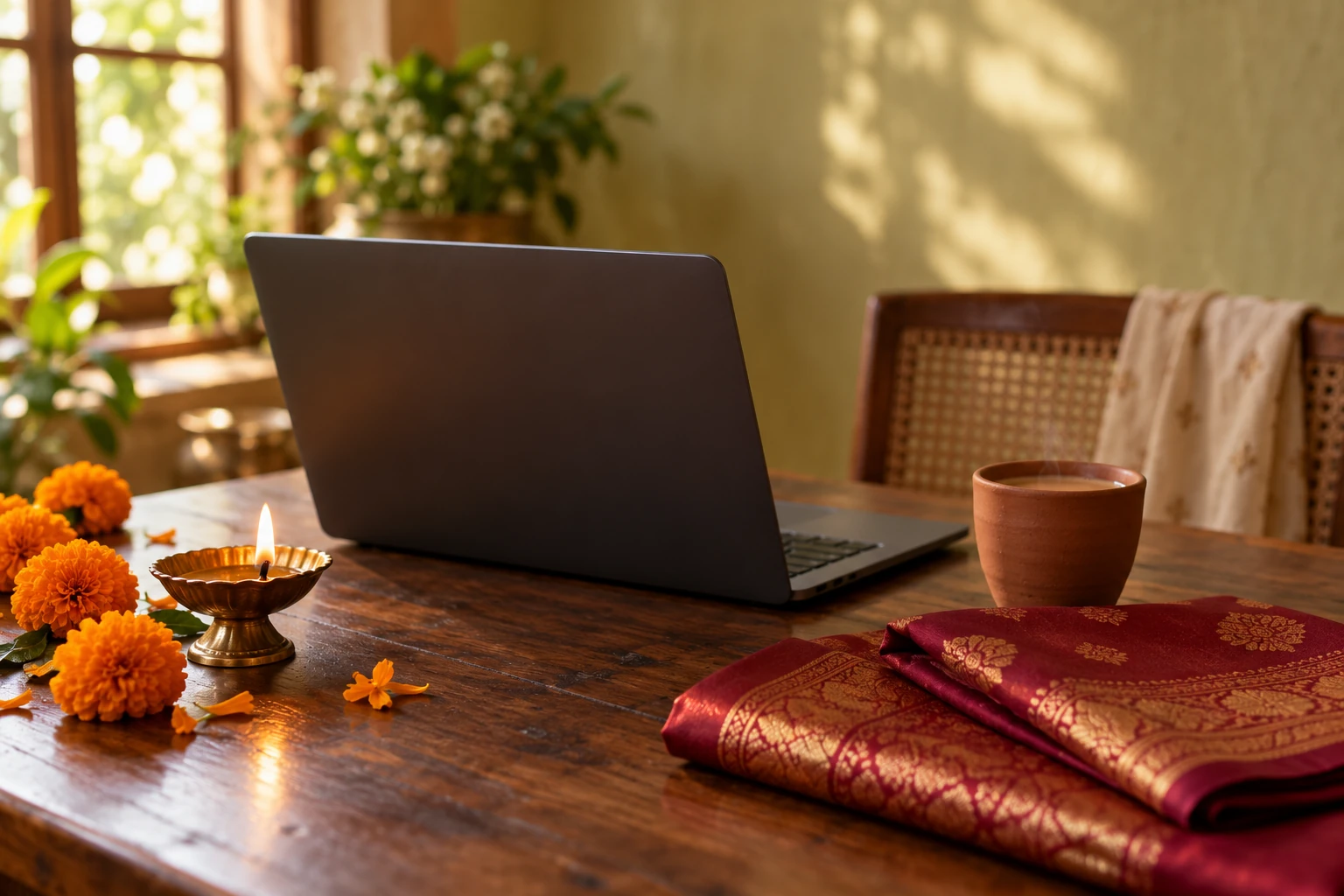 An open laptop, brass diya, marigolds, folded ruby silk and chai on a quiet home table.